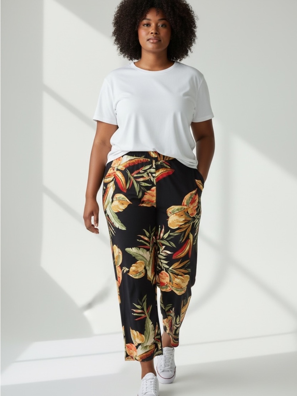 Black Wide-Leg Tropical Print Pants with Yellow & Green Floral Accent, Stretch